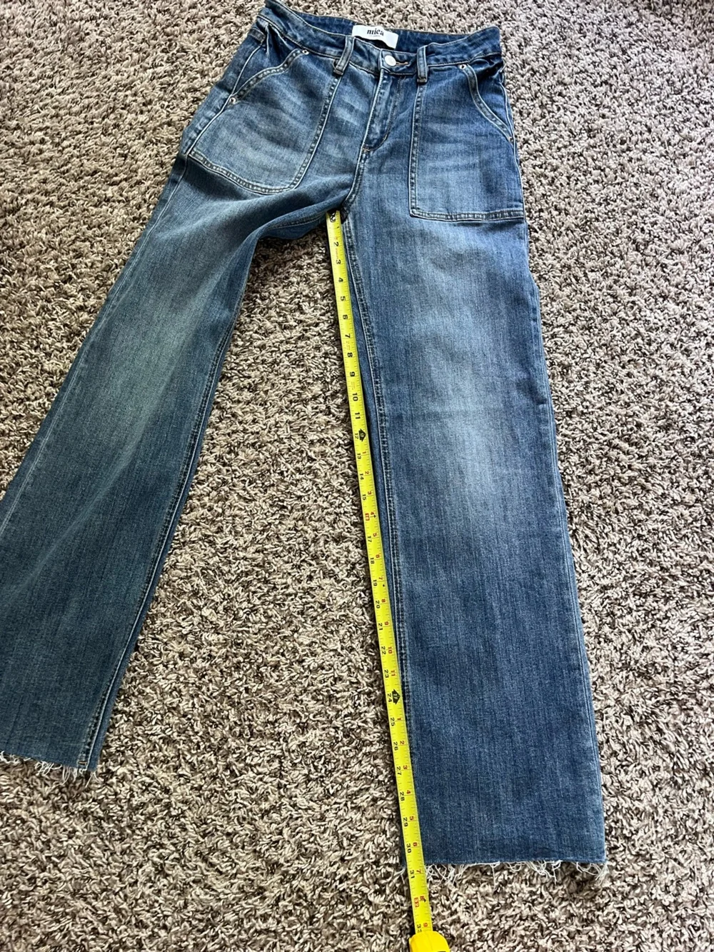 Mica Los Angeles High Rise Straight Leg Patch Pocket Raw Hem Jeans Med Wash 26‎